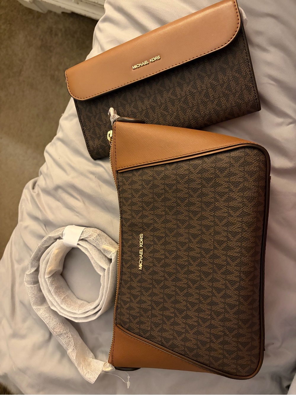 Michael Kors Brown and Tan Signature Crossbody with Matching Wallet